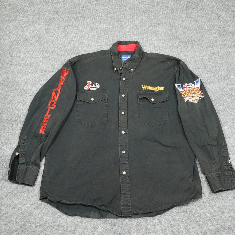 Wrangler Shirt Men 2XL Black Justin Boots Bucking Thunder Rodeo Embroidered